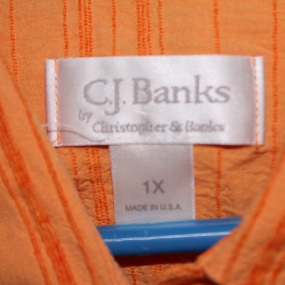 CJ Banks 1X Orange Embroidered Stripe Cotton Button Down Shirt Top Blouse Plus - Picture 3 of 3